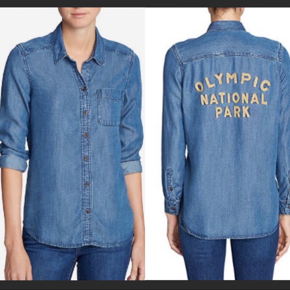 Eddie Bauer Blue Denim Button-Up Shirt with 'Olympic National Park' Back Graphic
